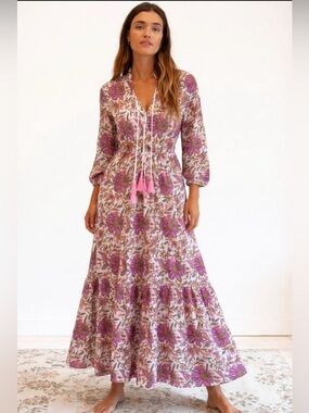 Mille Resort Floral Pink Tie-Front Tiered Maxi Dress with Tassel Size XXS